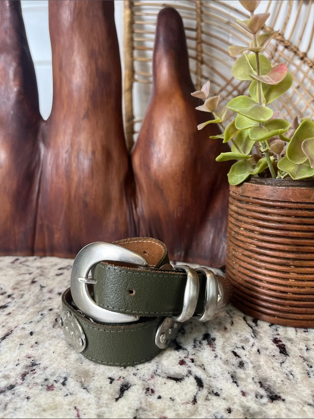 AXCESS. Olive Green Leather Belt with Silver Buckle